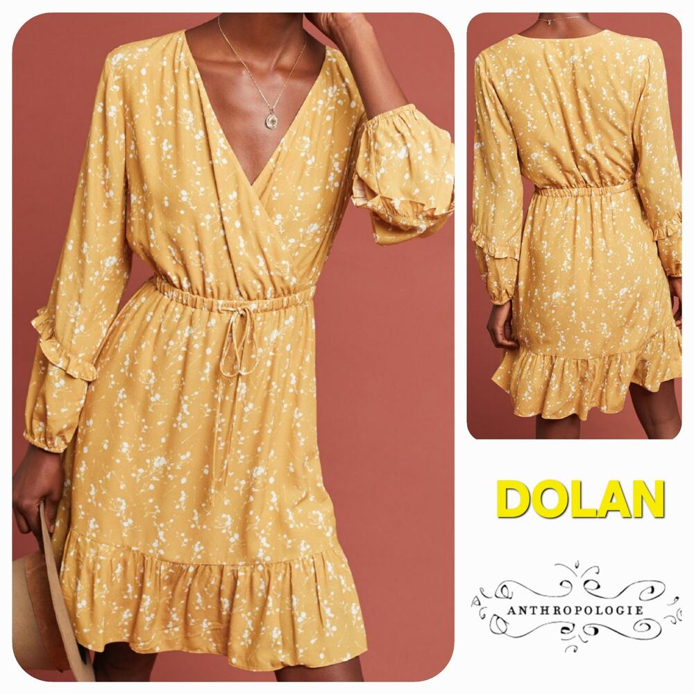 Dolan Left Coast Barnier Dress Floral‎ Faux Wrap Sz. M [8-10] Mustard Yellow